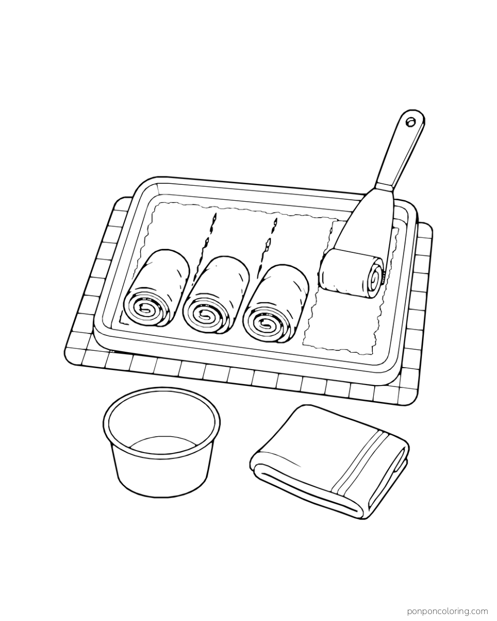 A spatula lifts an ice cream roll from a complete cold plate while an empty cup waits nearby.