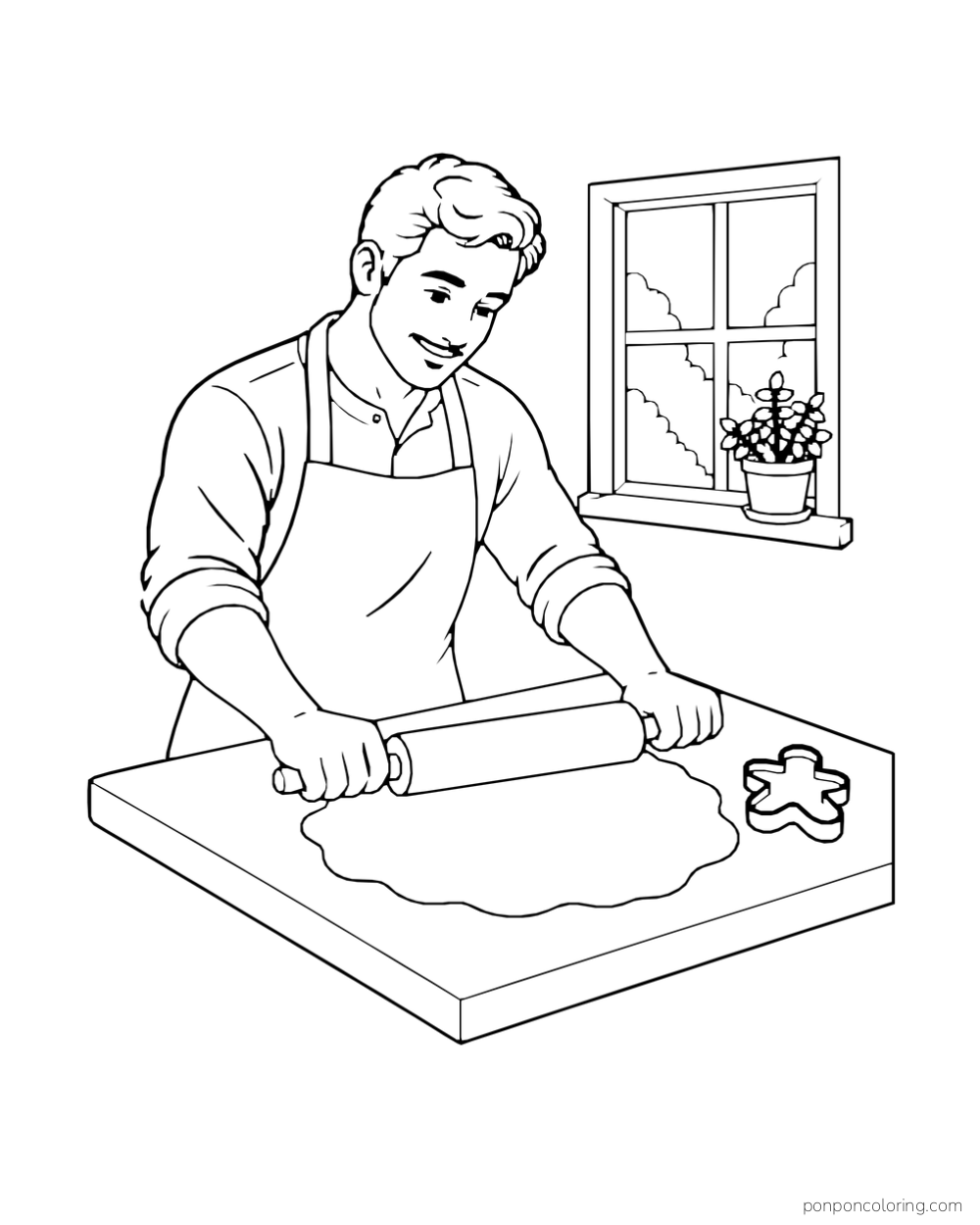A baker rolls a sheet of dough on a counter beside a cookie cutter and window.