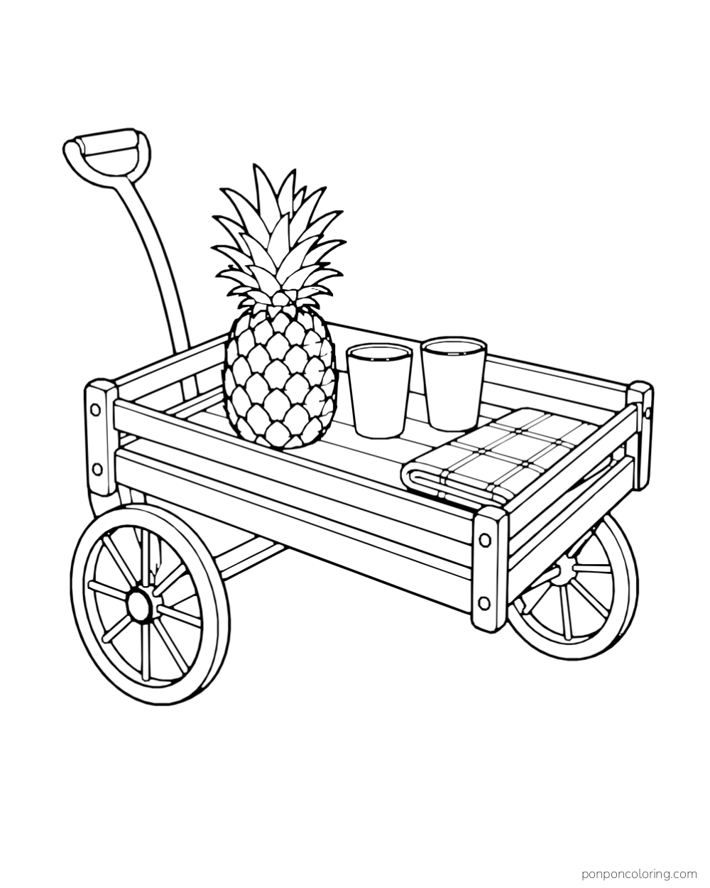 Low pull cart carrying a whole pineapple, two cups, and a folded cloth.
