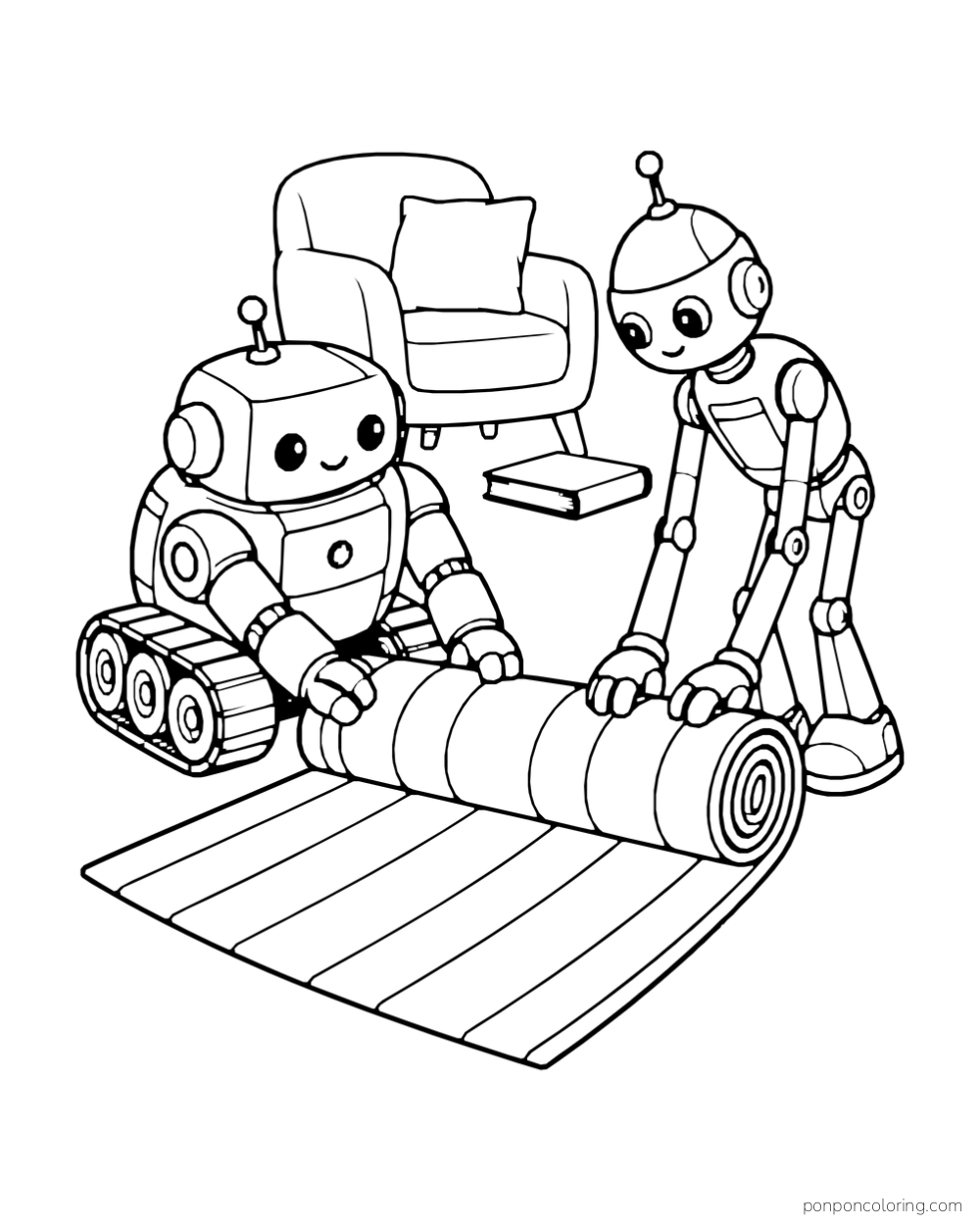 Two robots roll a striped rug.