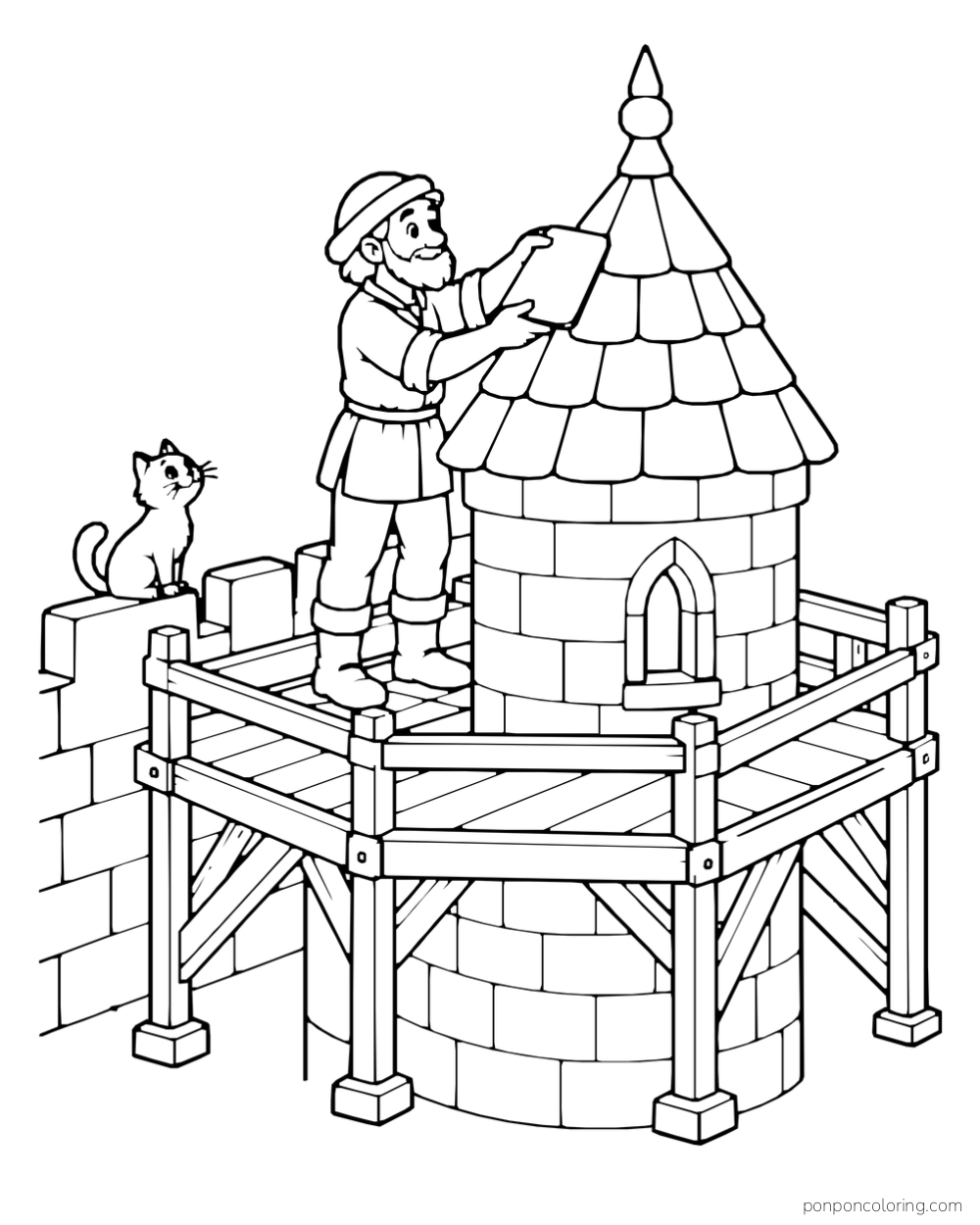 A roofer standing on scaffolding and holding a tile against a round tower roof while a cat watches from the wall.