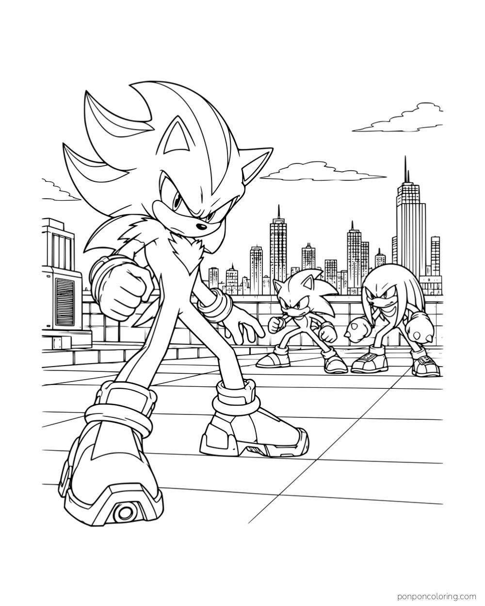 Shadow standing in a fighting pose on a rooftop with Sonic and Knuckles facing him in the distance.