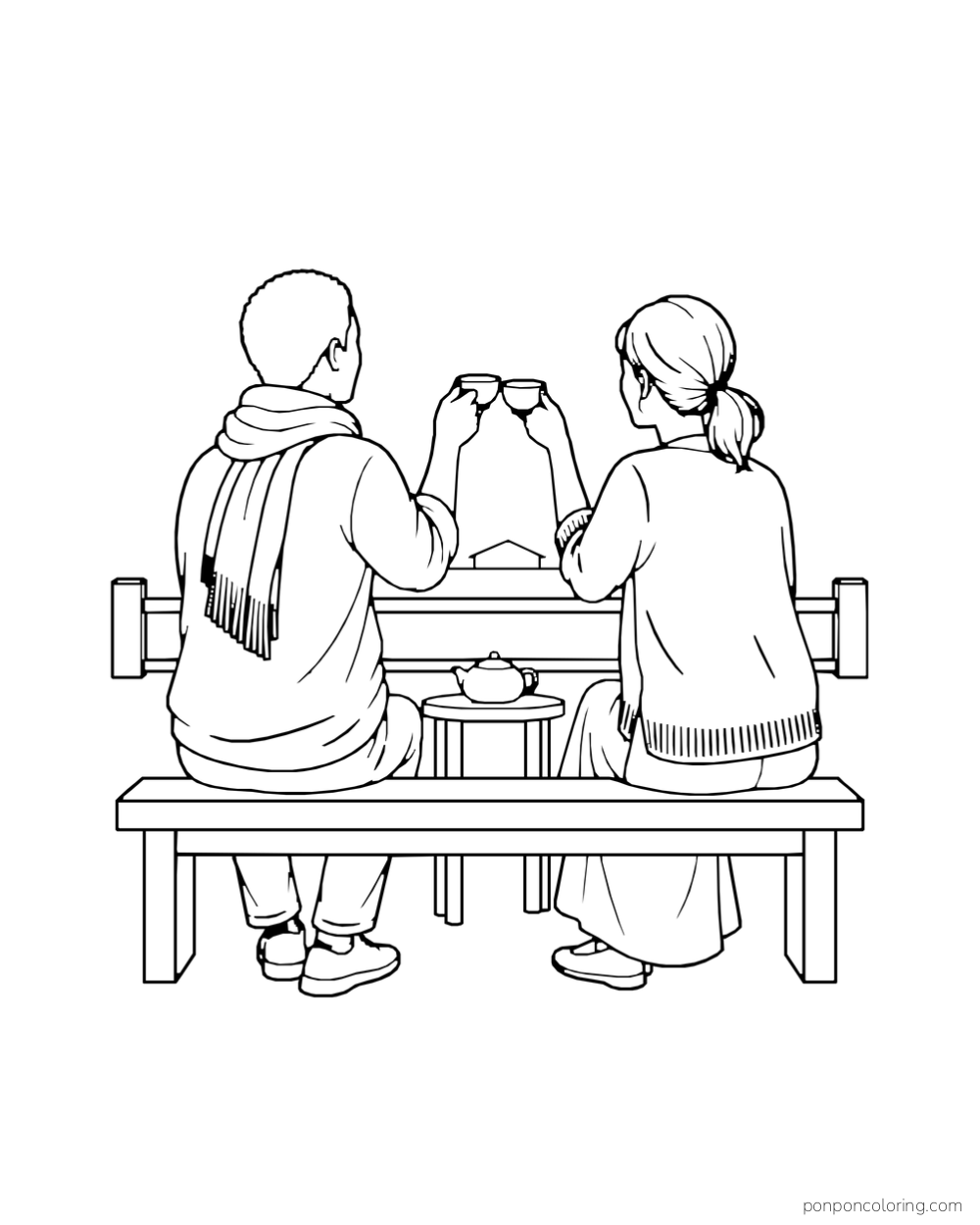 Two friends seen from behind lift cups together at a rooftop railing.