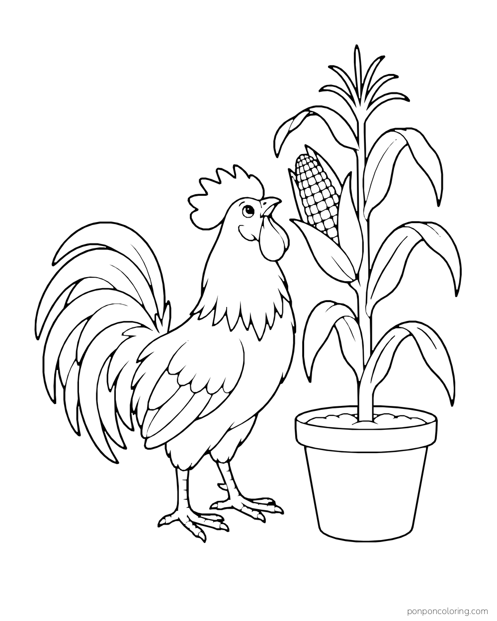 Rooster looking toward an ear of corn on a tall potted stalk