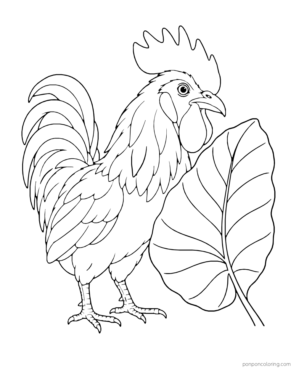 Side view of a rooster standing beside one oversized leaf