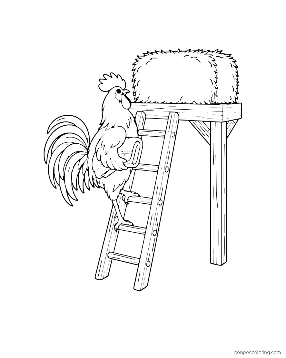 Rooster climbing a short ladder toward a hay bale on a raised shelf