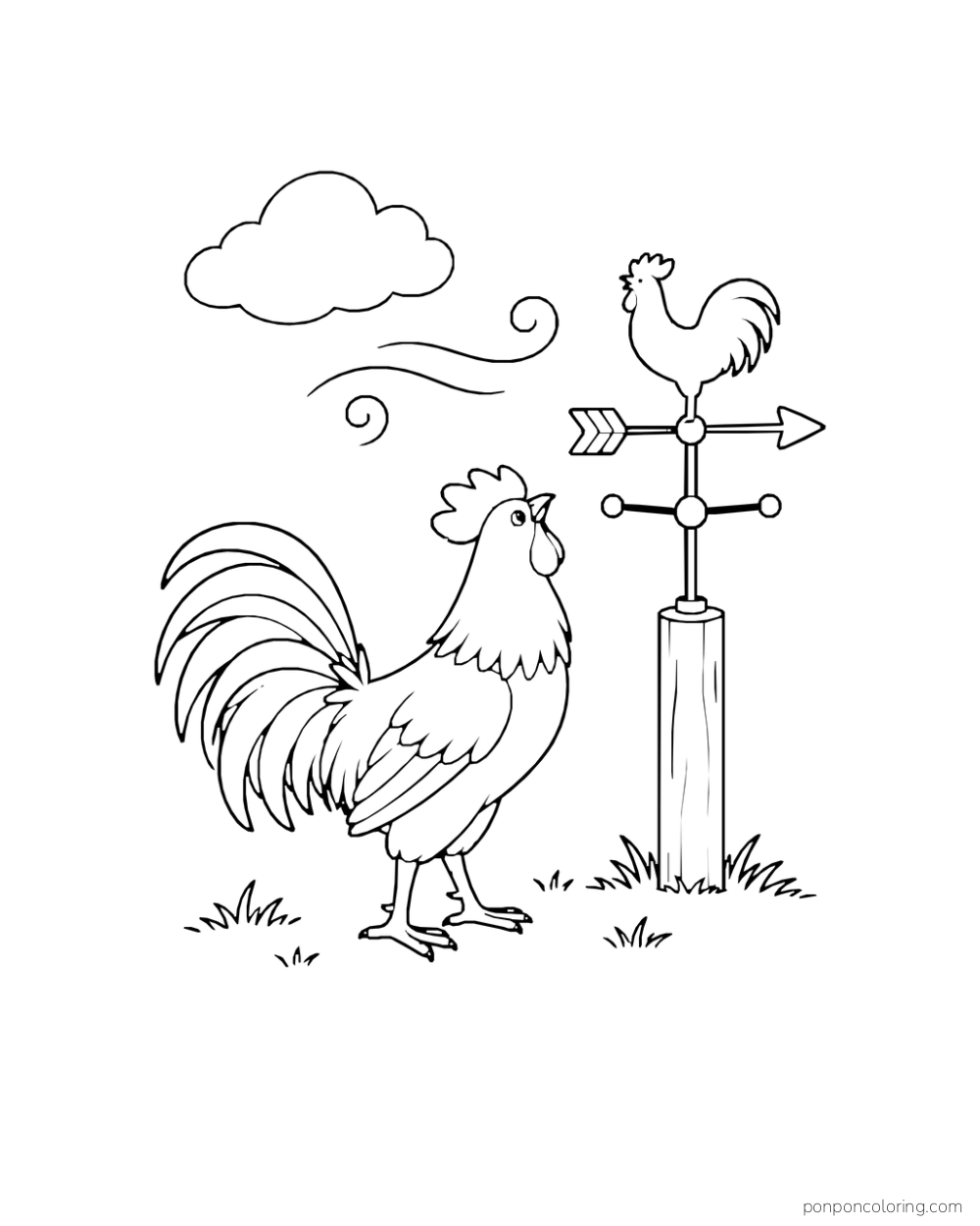 Rooster looking toward a rooster-shaped weather vane beneath a cloud