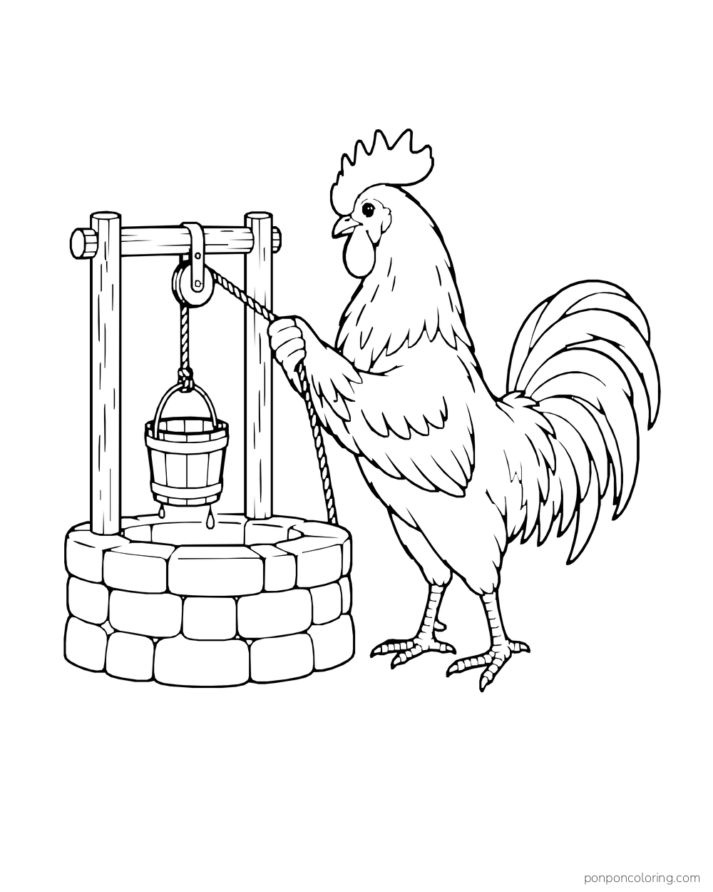 Rooster pulling a small pail on a rope over a round garden well