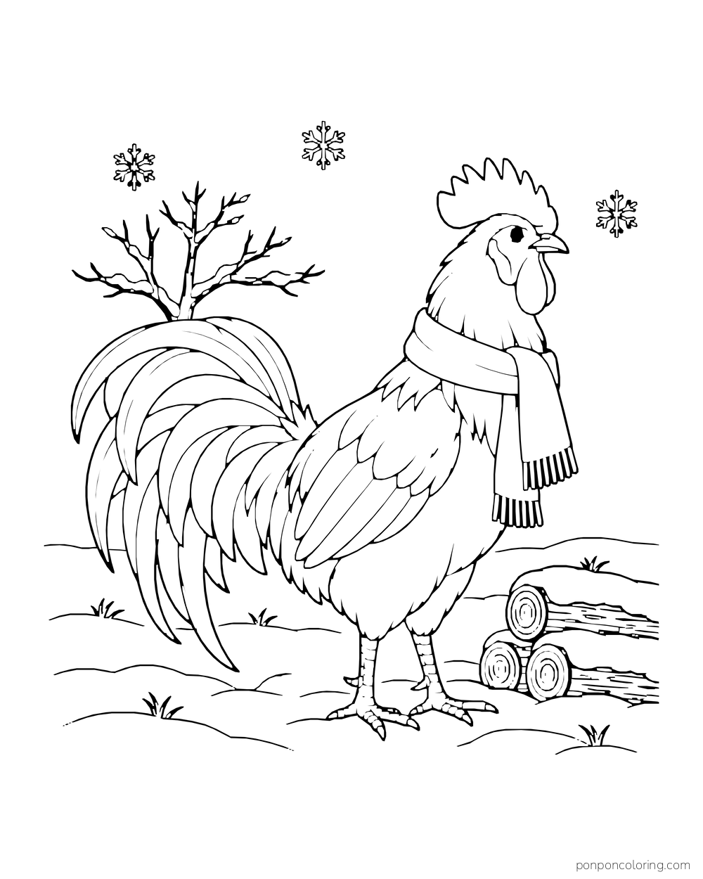 Rooster wearing a long scarf beside a stack of logs and a bare tree