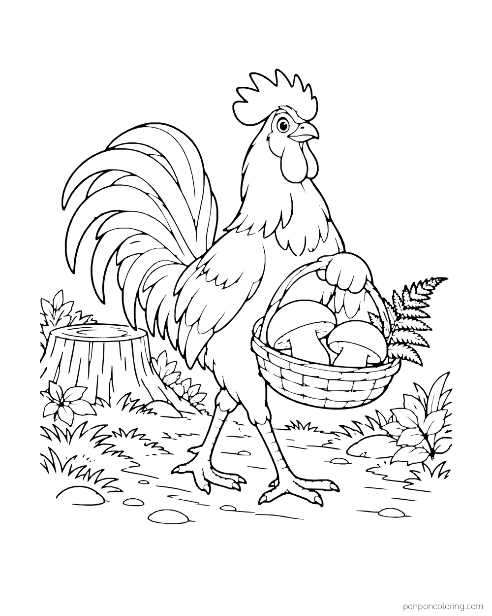 Rooster carrying a basket with large mushrooms and a fern frond