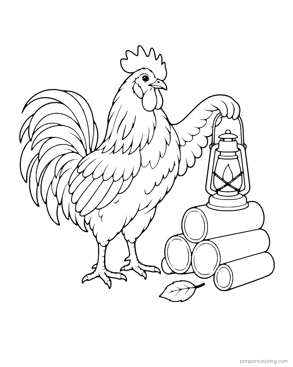 Rooster holding a lantern above a short stack of firewood logs