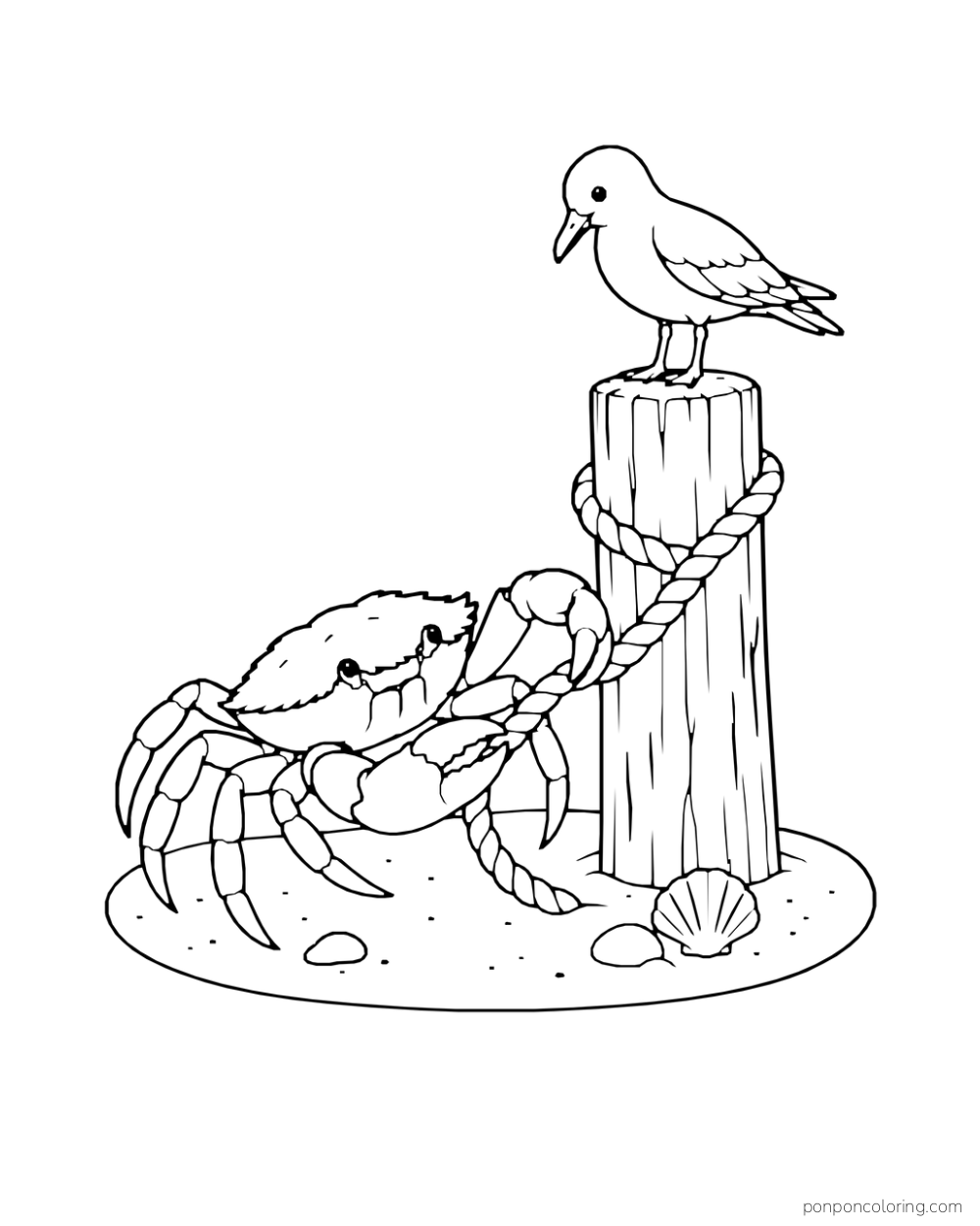 A crab draws rope around a wooden post while a shorebird stands on top.