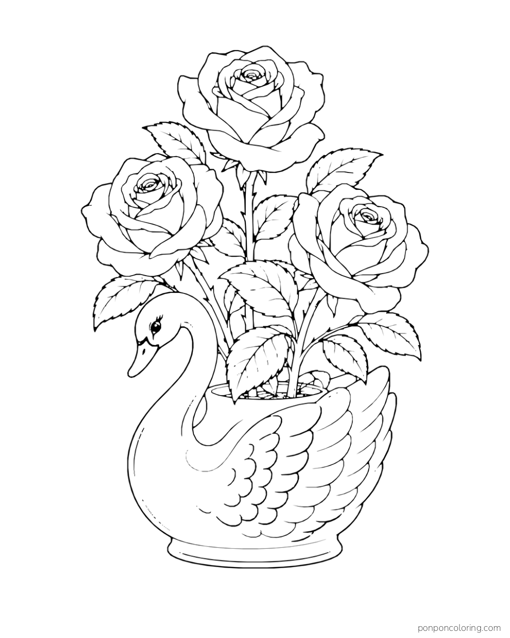Three roses with broad leaves stand in a swan-shaped ceramic planter.