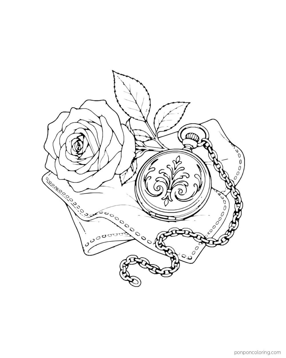 A rose lies beside a closed pocket watch and chain on a folded cloth.