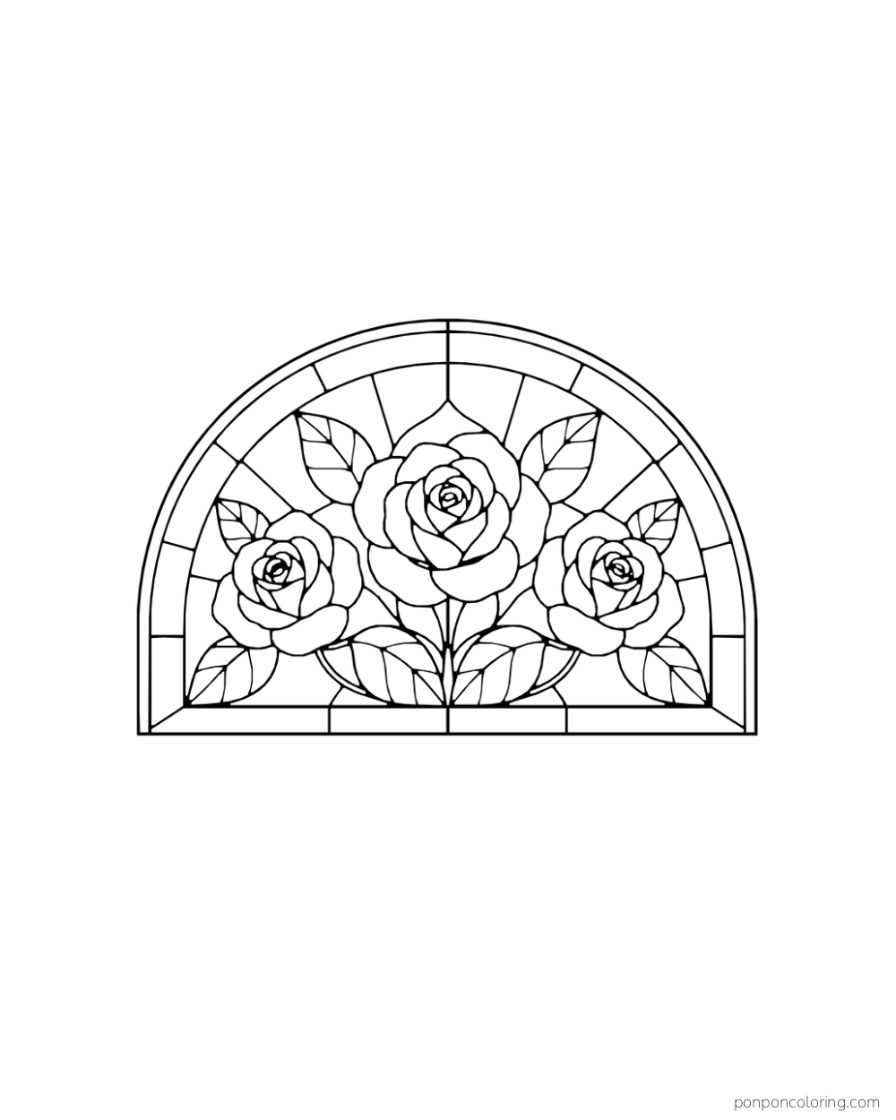 Three roses fill a semicircular stained-glass fanlight.