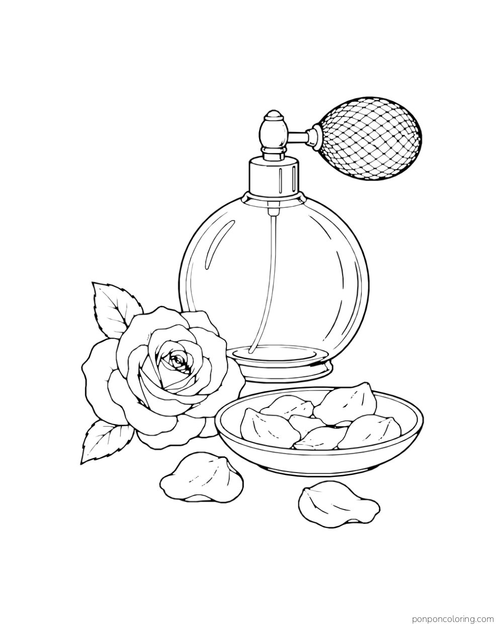 A round perfume bottle stands beside a rose and a dish of loose petals.