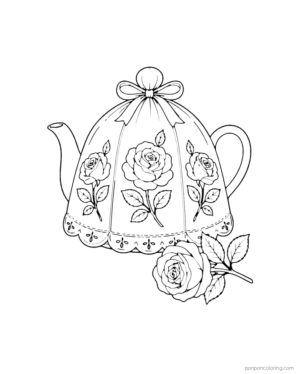 A rose-patterned tea cozy covers a teapot beside a loose rose.