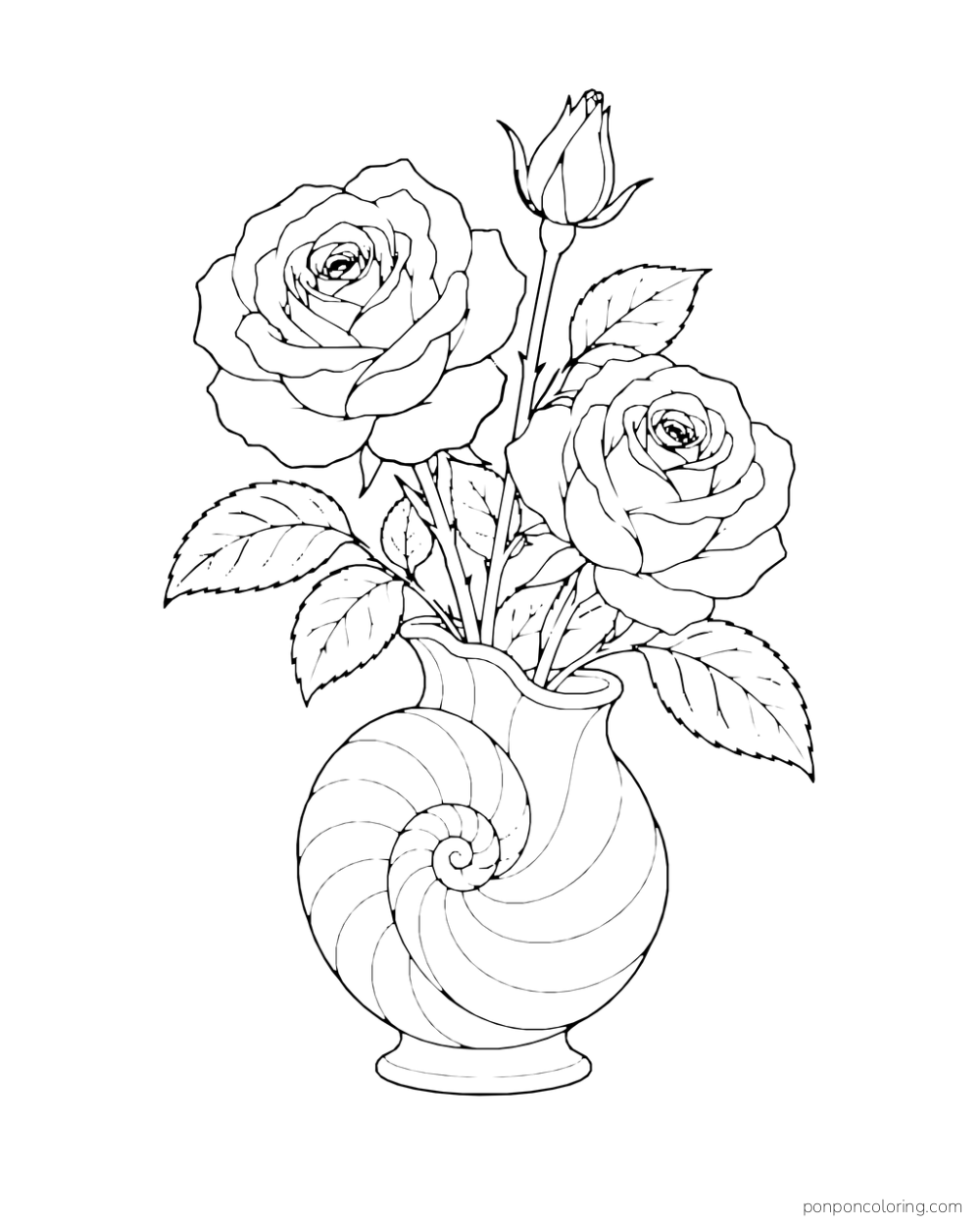 Two roses and a bud stand in a spiral-shell vase.