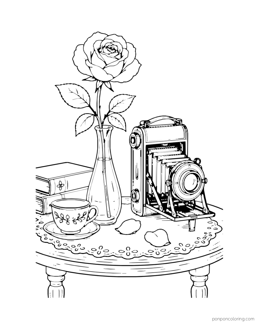 A rose in a narrow vase stands beside a vintage camera, a cup, and books.