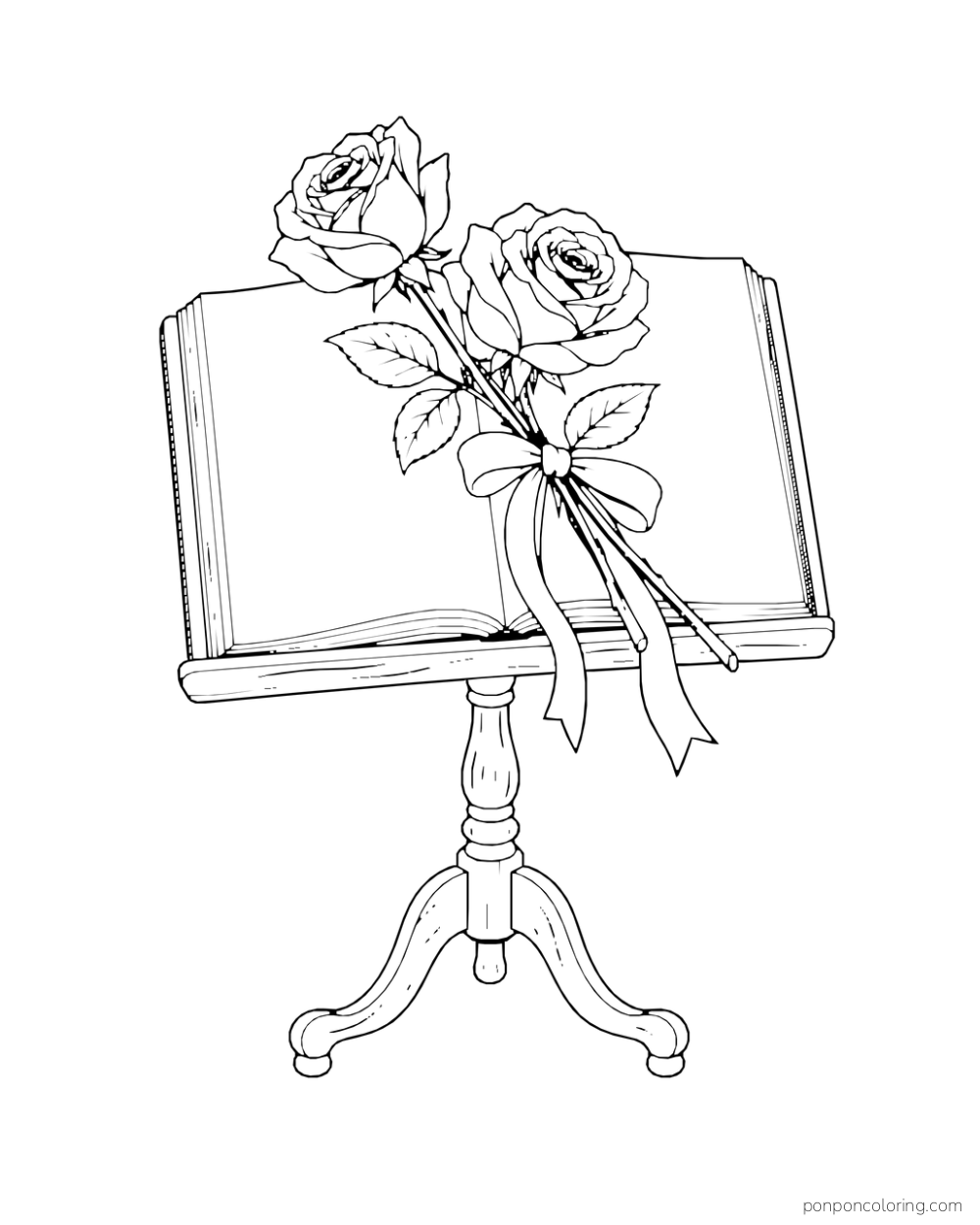 Two ribbon-tied roses lie across an open blank book on a music stand.
