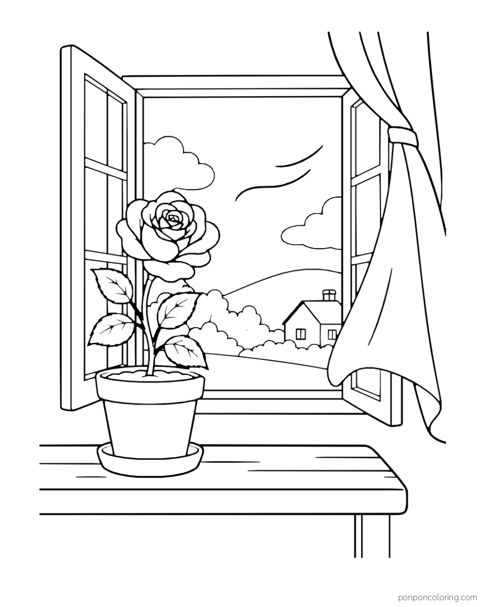 Potted rose beside open window shutters and one curtain moving in the breeze.