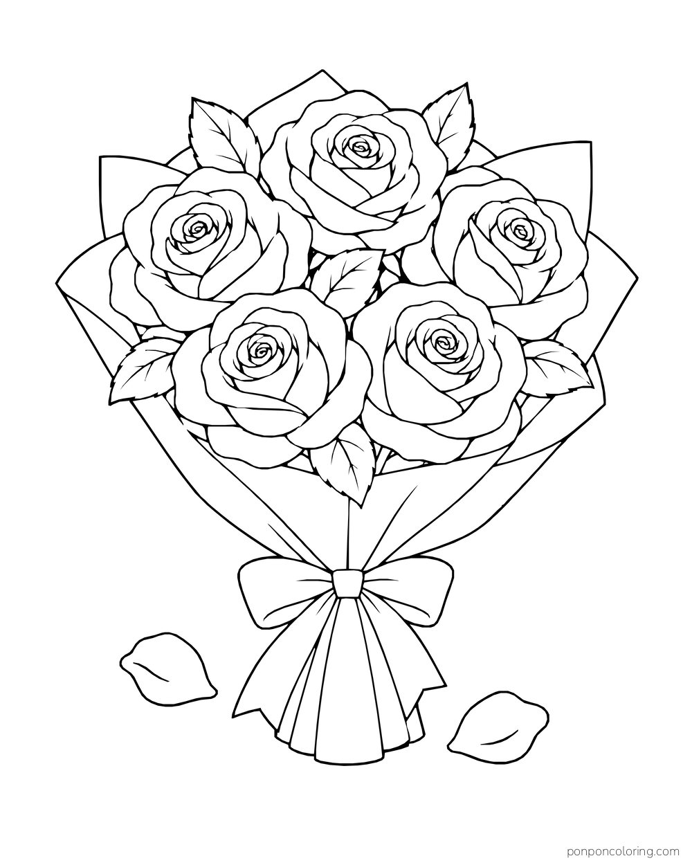 Five roses wrapped in folded paper with a large bow and two loose petals.