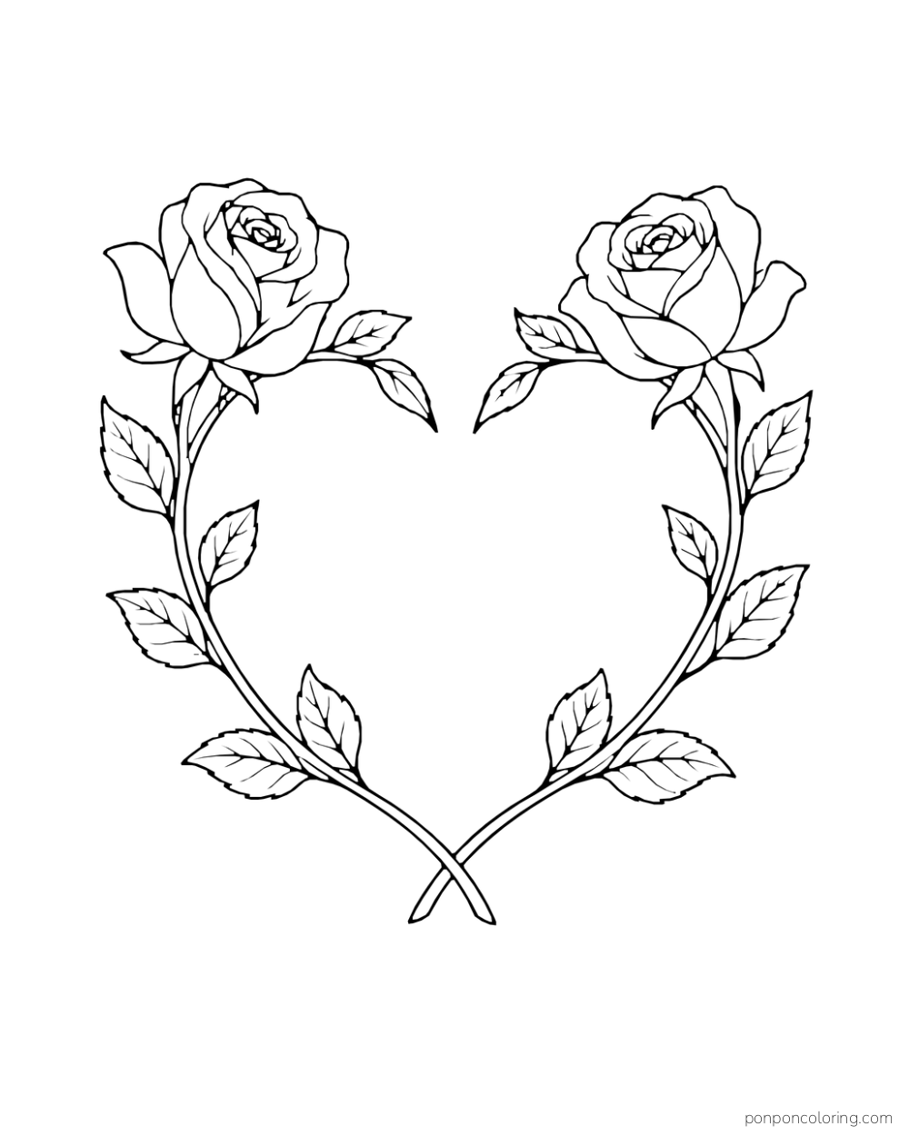 Two rose branches curving into a heart shape with one bloom on each side.