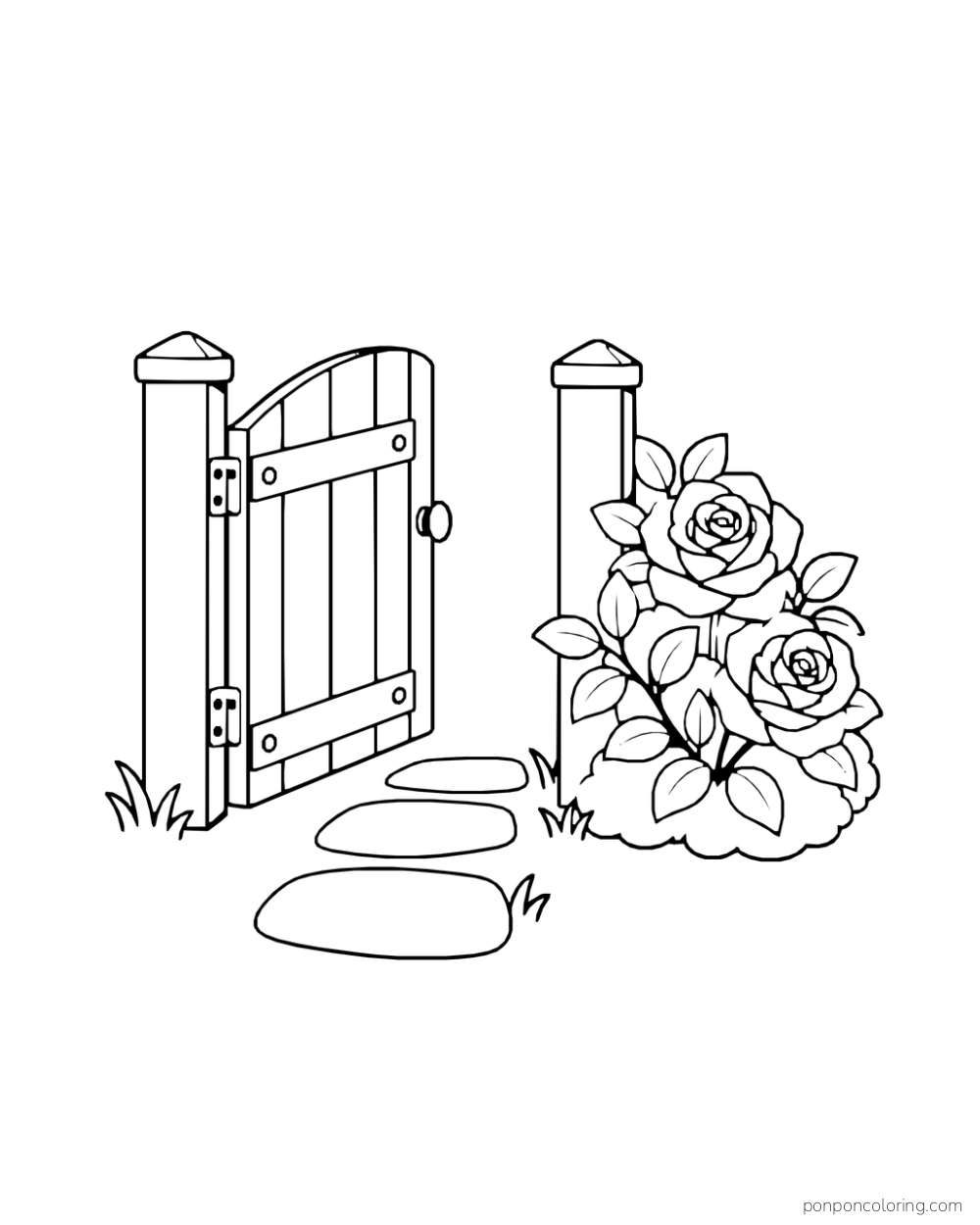 Open wooden garden gate beside a two-bloom rose bush and three stepping stones.