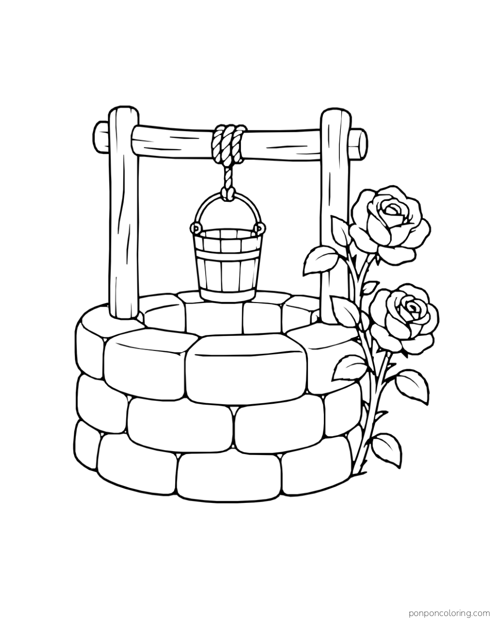 Round stone well with a hanging bucket and a two-bloom rose cane at its side.