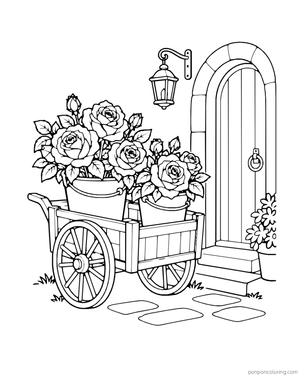 Small two-wheeled cart holding two rose pots beside an arched door and hanging lantern.