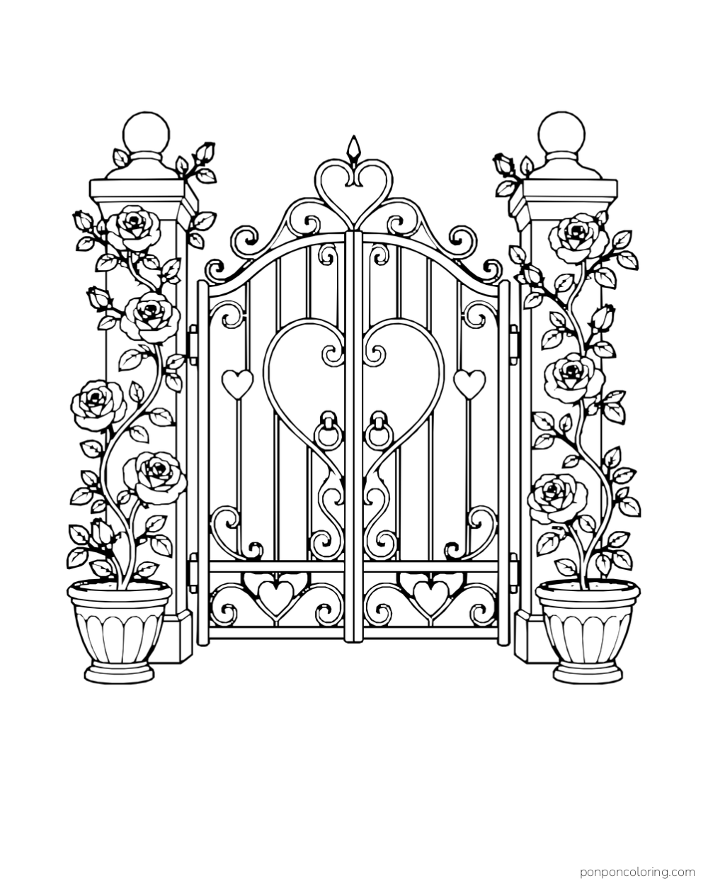 An ornate garden gate with heart motifs stands between two posts and potted climbing roses.