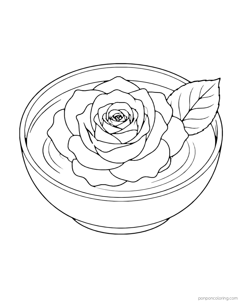 One large rose bloom floating in a shallow bowl of water with a leaf at the rim.