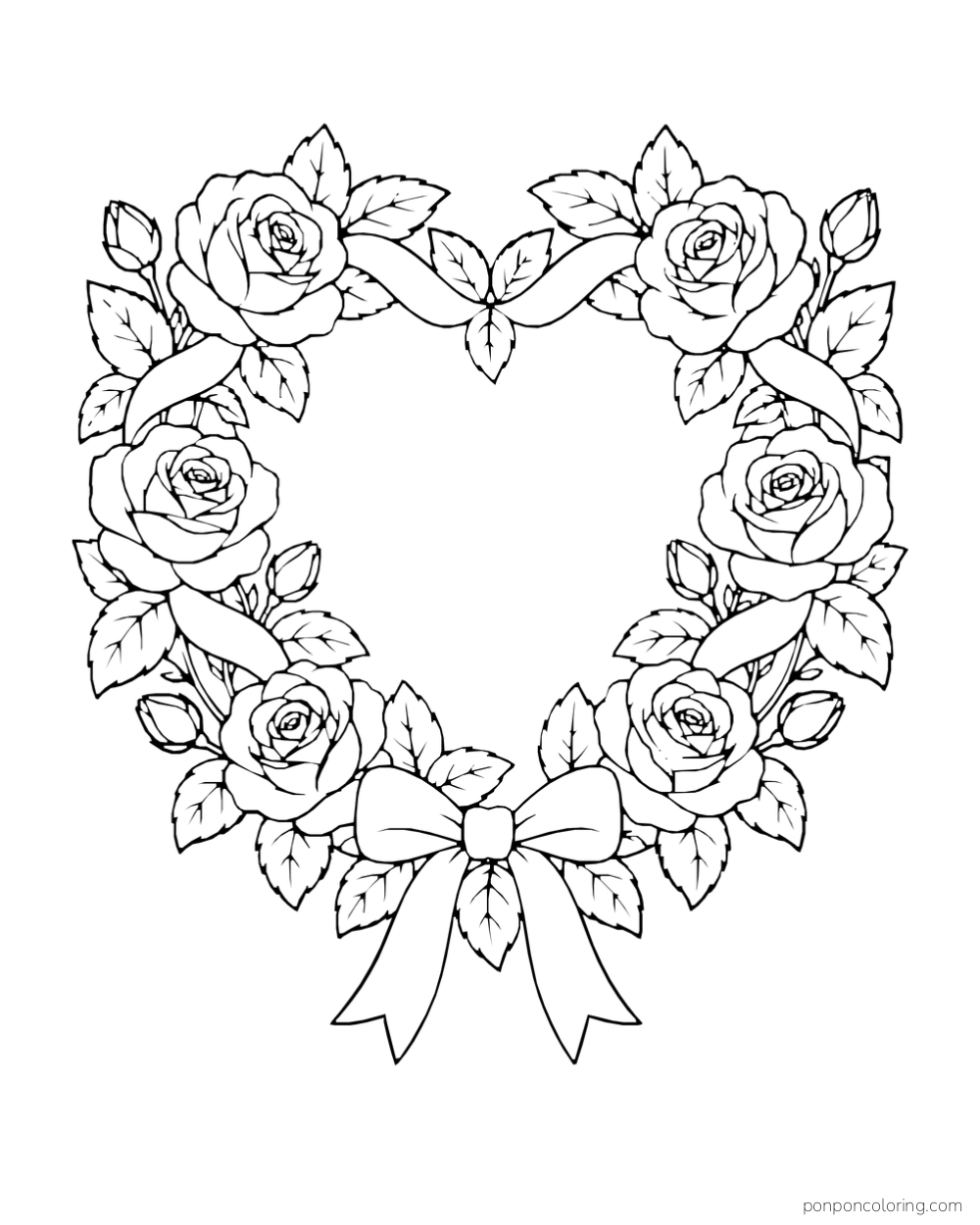 Roses and leaves form a heart-shaped wreath tied with a ribbon bow.