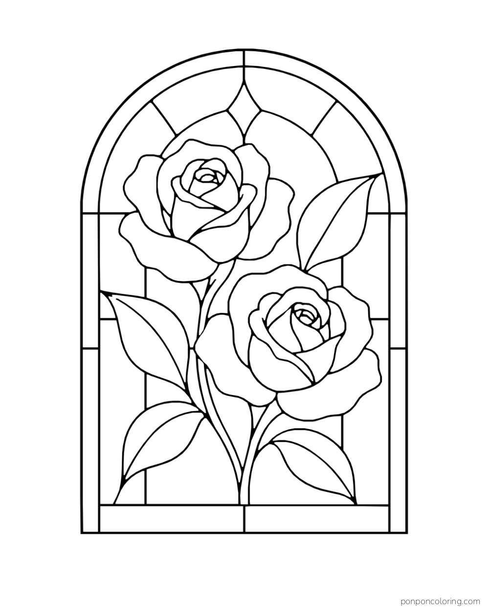 Arched stained-glass window with two roses and a few large geometric panes.