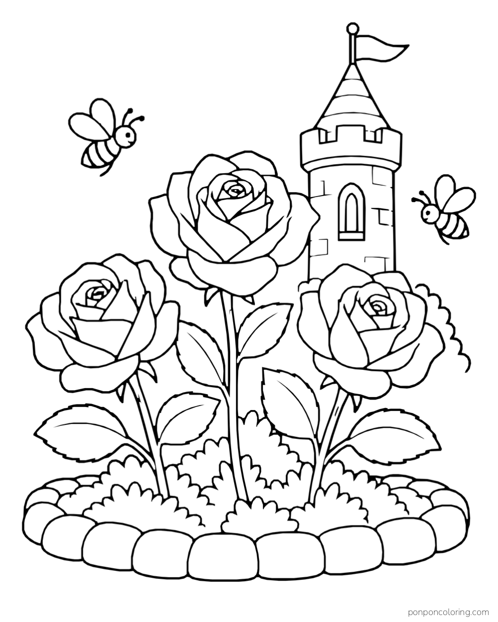 Three large roses and two bees in a garden bed beside a small castle tower.