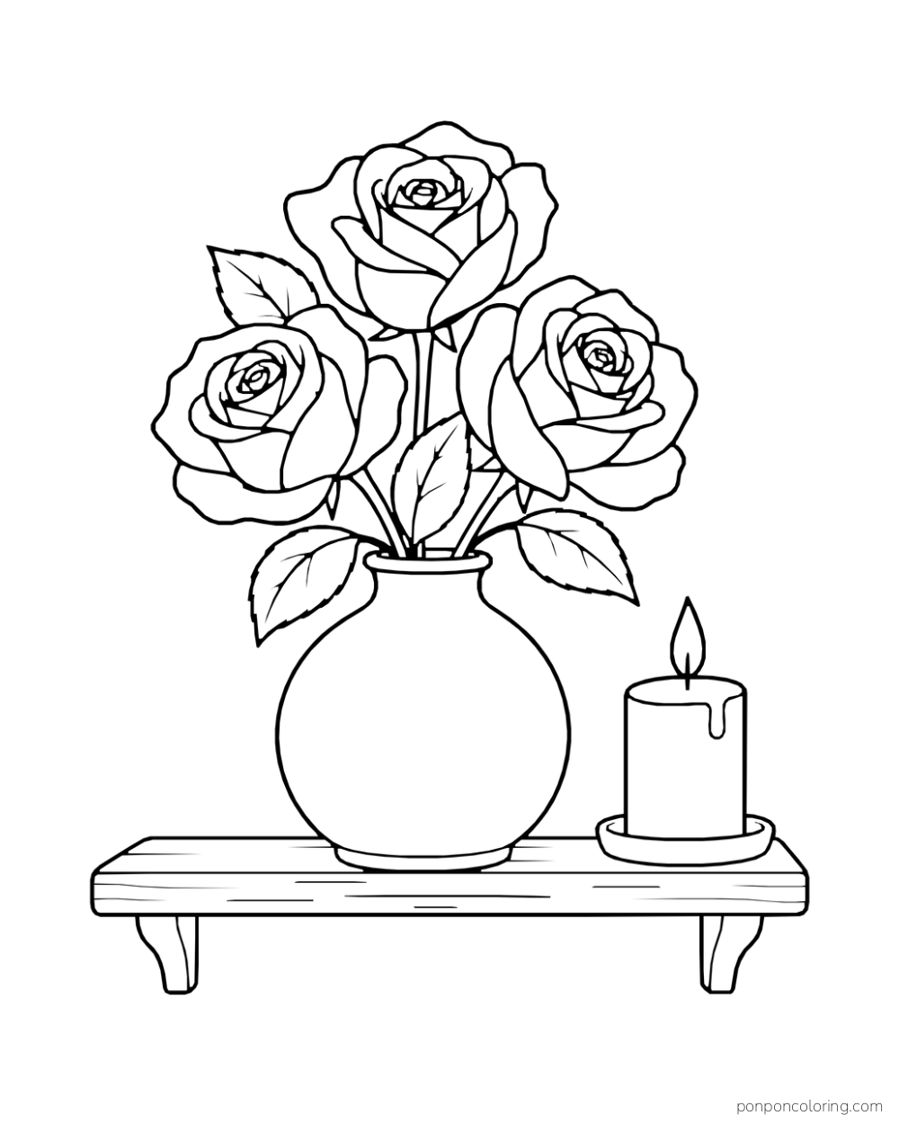 Three roses in a round vase on a shelf beside a small candle.