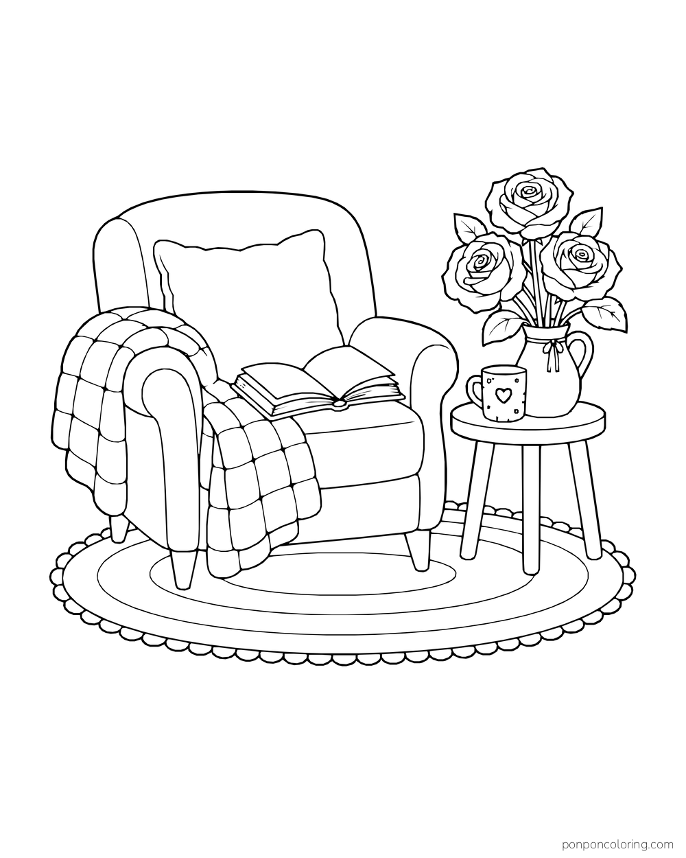 Armchair with a quilt and open book beside a mug and pitcher of three roses.