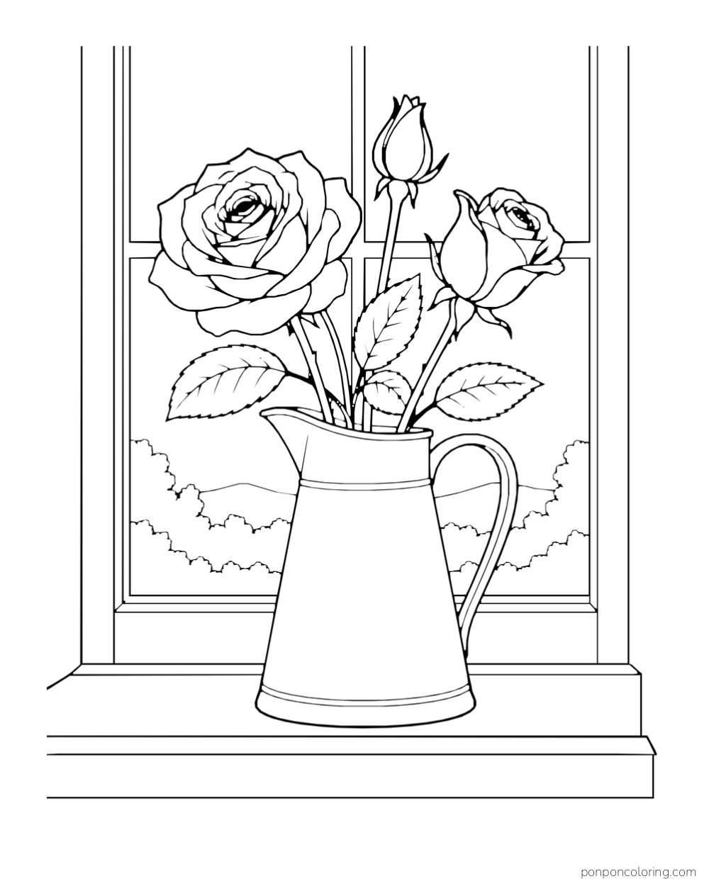 Three roses in a tall metal pitcher on a windowsill, with one open bloom and two buds.