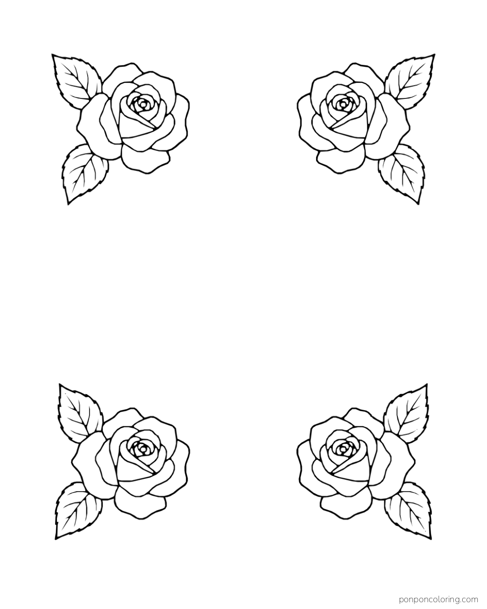Four separate rose-and-leaf sprays placed at the corners of an open page.