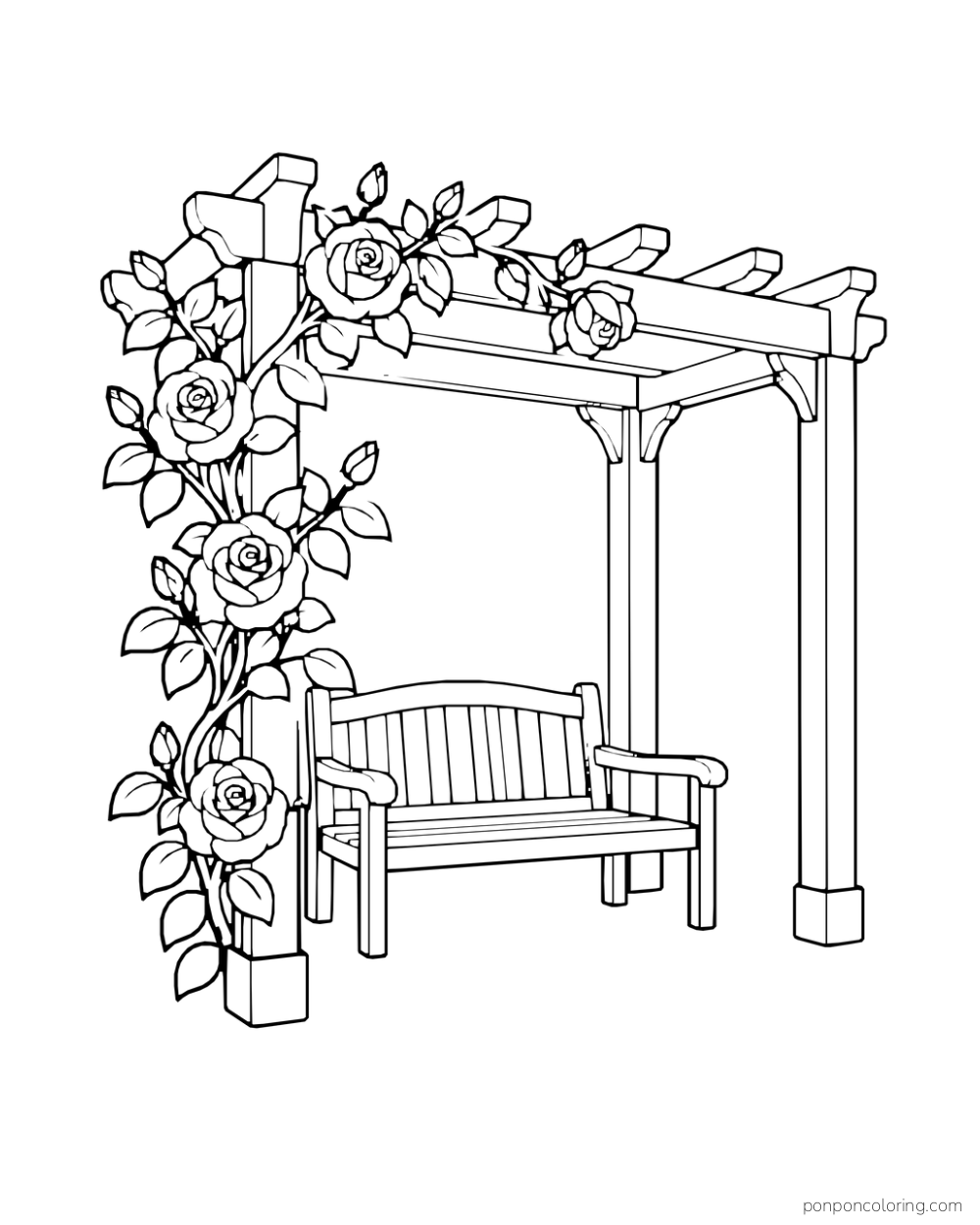 Wooden pergola with a bench underneath and climbing roses on one side.