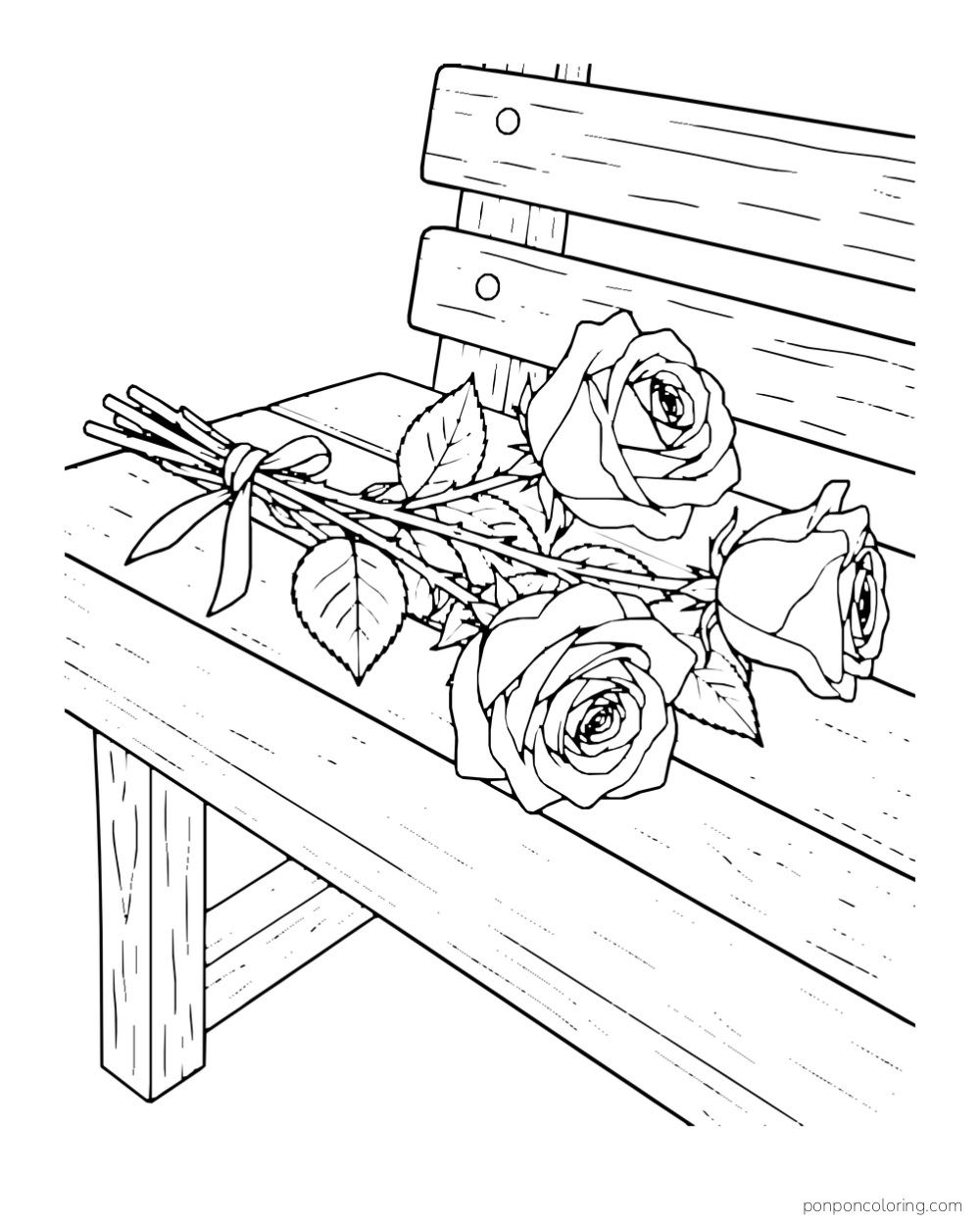 Three tied long-stem roses lying diagonally across a wooden garden bench.