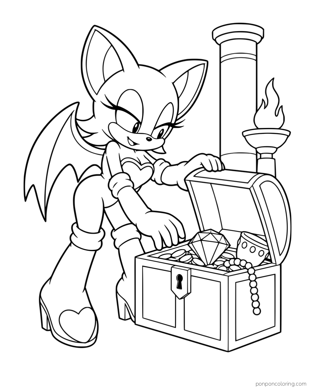 Rouge leaning over an open treasure chest beside a column and torch.