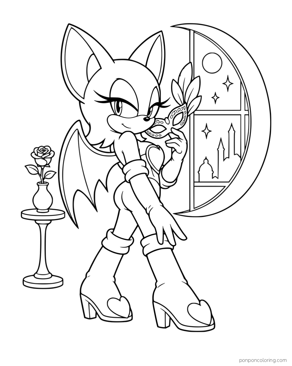 Rouge holding a decorative mask beside an arched window and a small table.