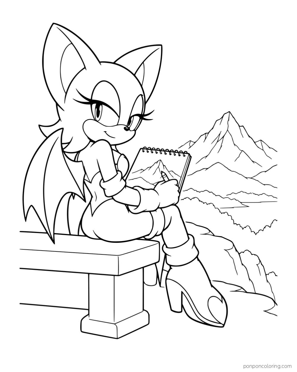 Rouge drawing in a sketchbook on a bench with mountains behind her.