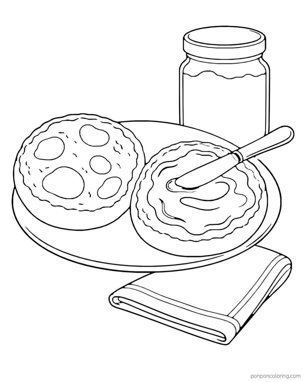 Two split round bread halves rest on a plate beside a jar and spoon.