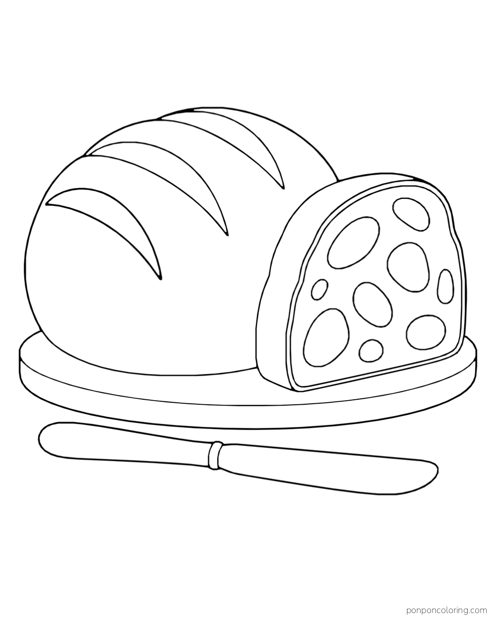 A large scored round loaf and one thick slice rest on a board beside a bread knife.