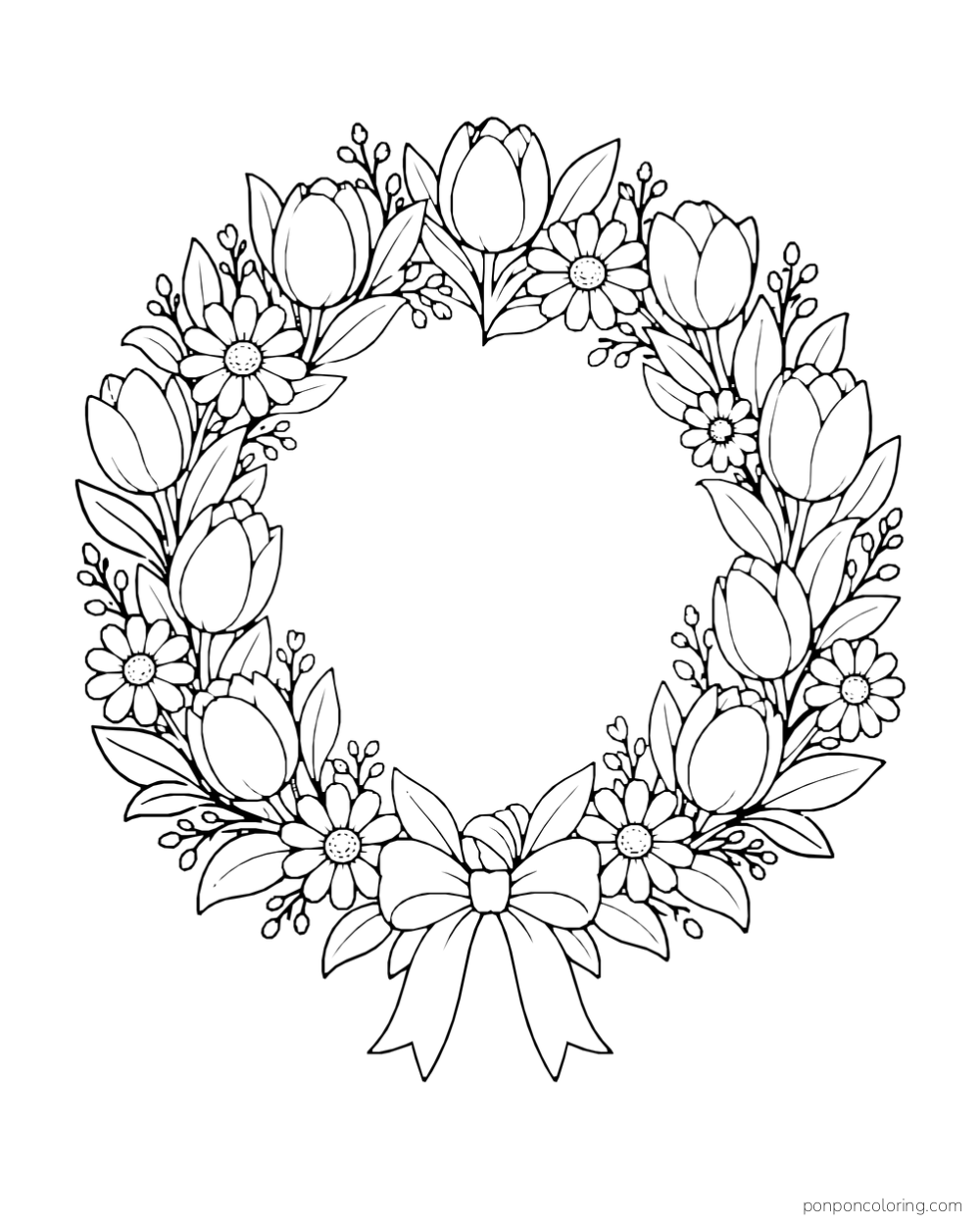 Tulips, daisies and leaves form a round wreath with a bow at the bottom.