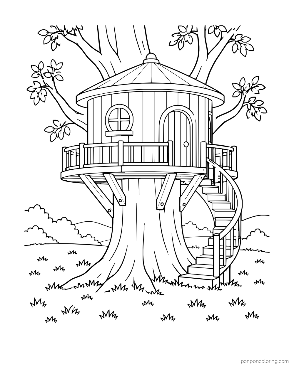 A round lookout treehouse wraps around one trunk with a curved staircase and balcony.