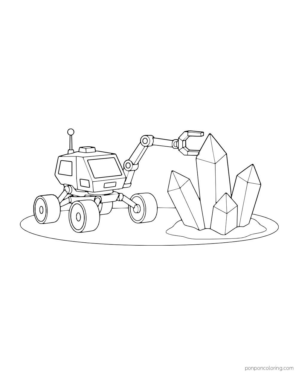 A little rover extends its arm toward a group of tall crystals.