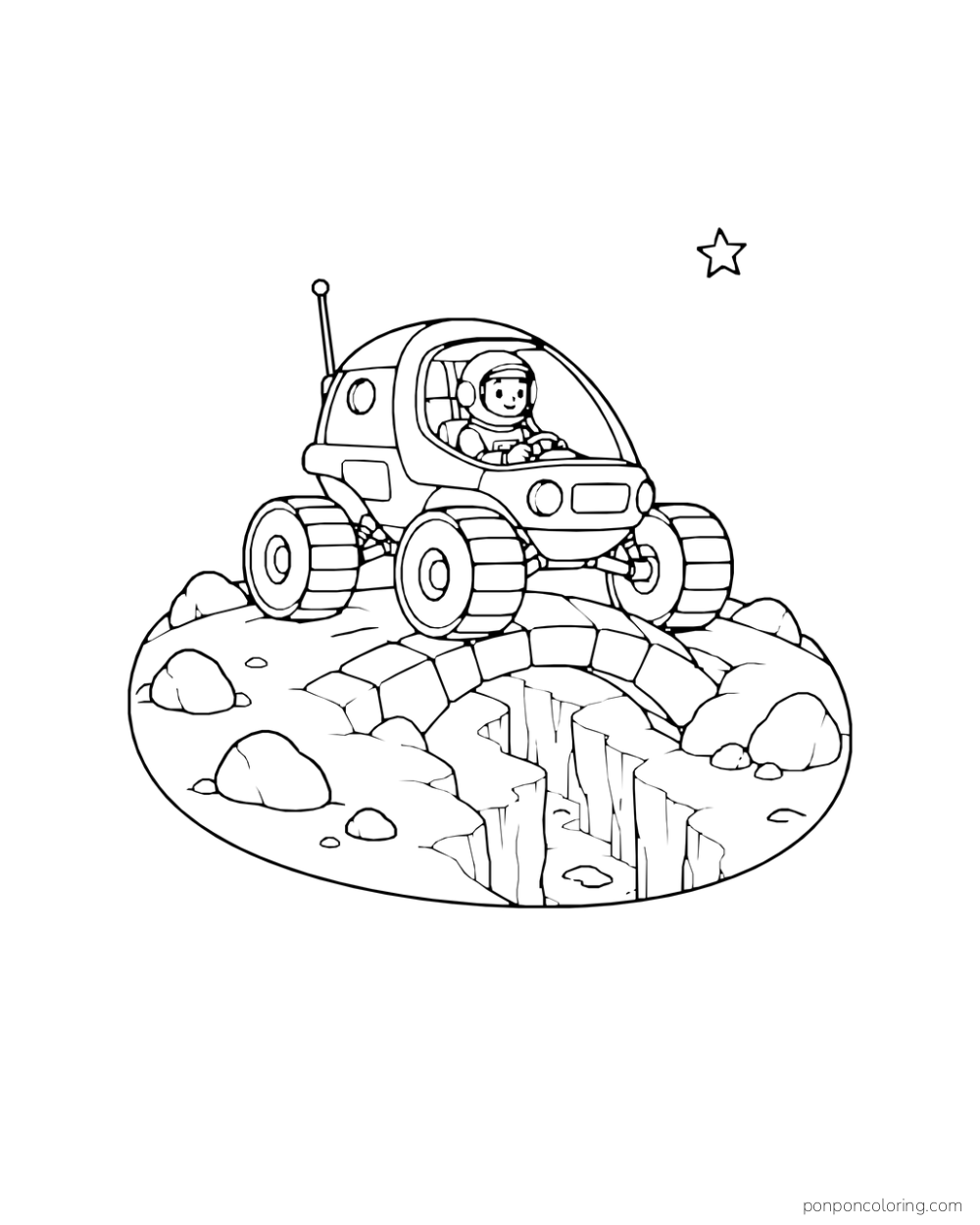 A small rover crosses a narrow bridge above a jagged rock fissure.